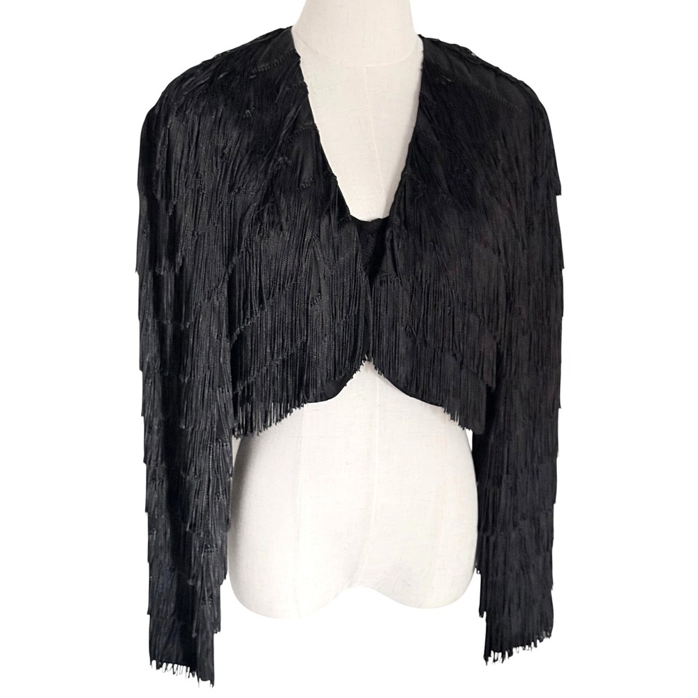 VTG Black J. Harris Tiered Fringe Bolero Jacket Cropped S